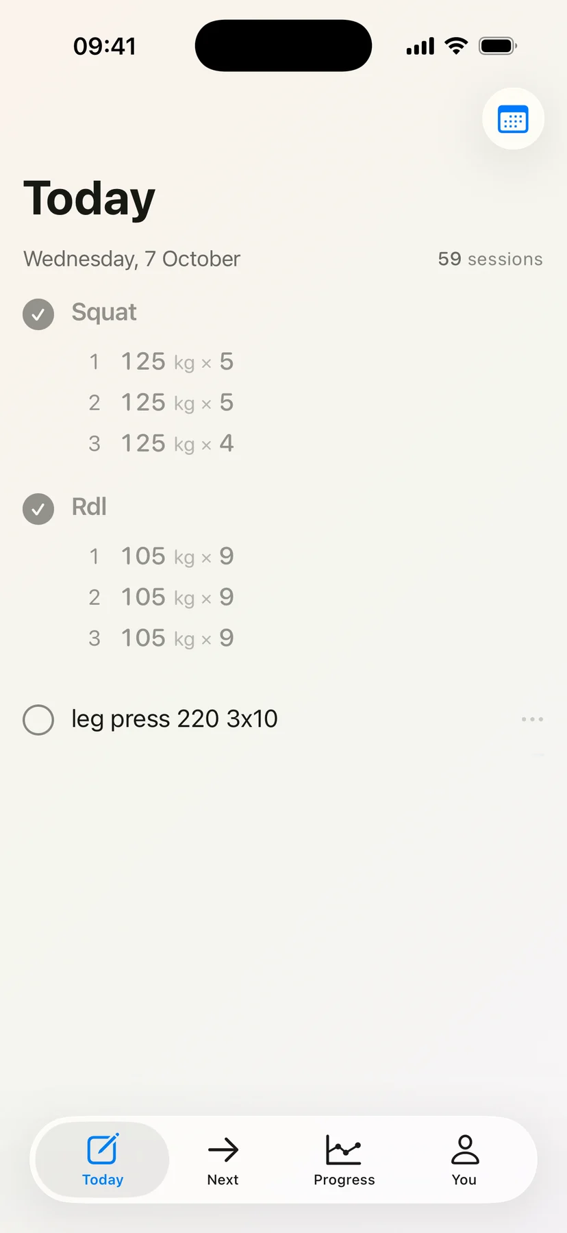 Today while a line is being written: squat and rdl, already read, are dimmed, and the new line, leg press 220 3x10, has not been read yet.