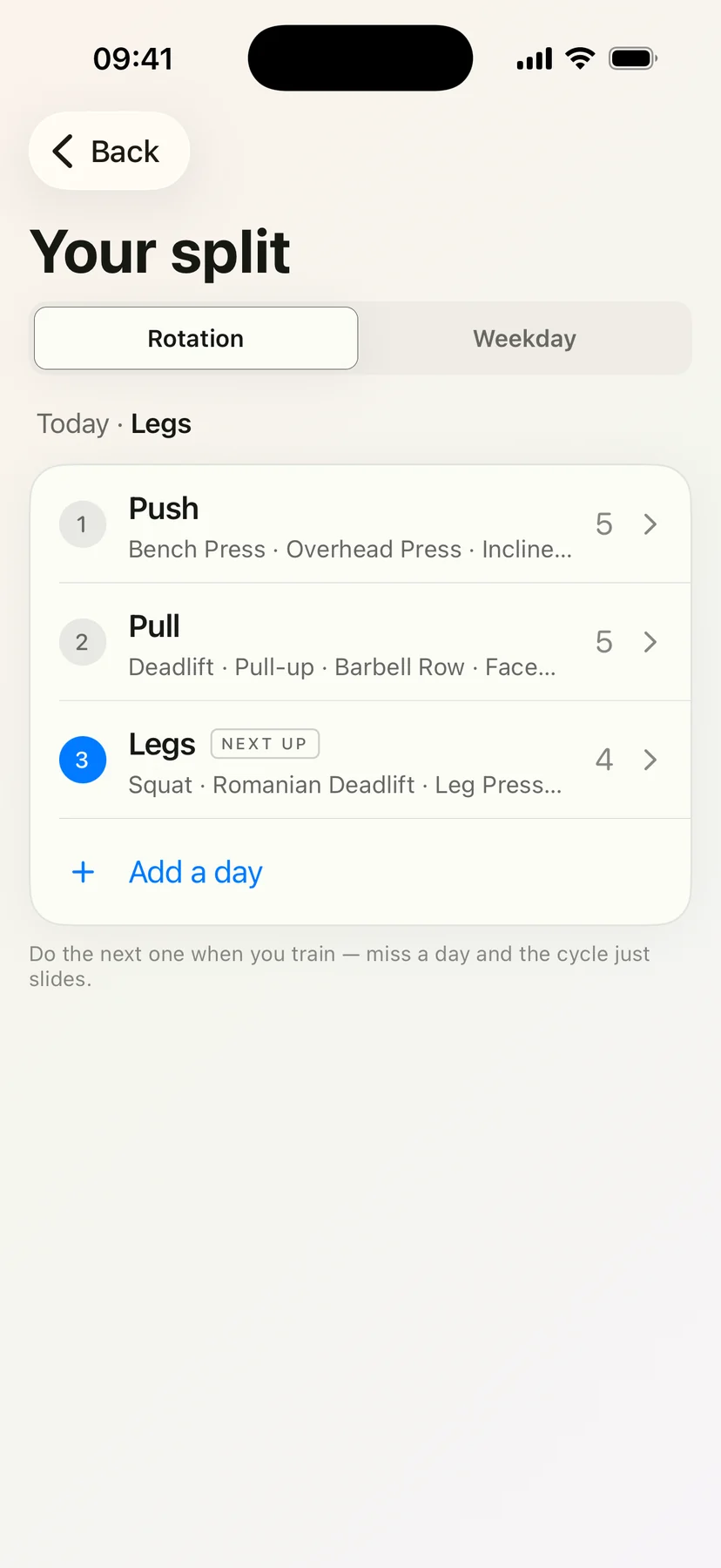 Your split, set to rotation: Push with five lifts, Pull with five and Legs with four, marked next up, and an Add a day row. A line underneath says do the next one when you train, and miss a day and the cycle just slides.